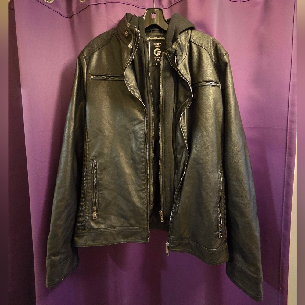 Fried Denim NYC Black Leather Mens Biker Jacket With Detachable Hood